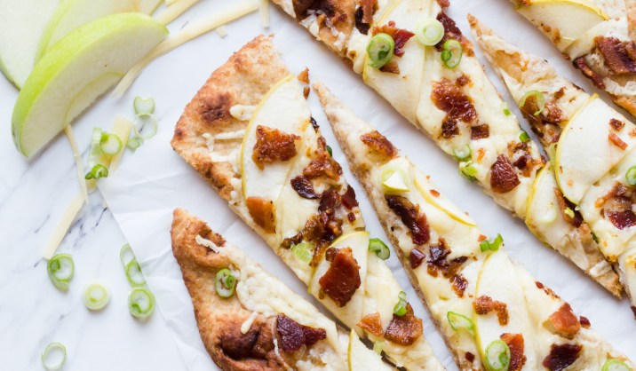 A delicious recipe consisting of Kerrygold Cheddar, crisp, salty bacon, and sweet apple slices on naan bread. The perfect comfort food for winter.
